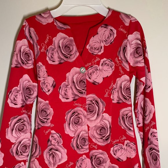 Red girls blazer with pink roses, one button, light jacket - Picture 2 of 3